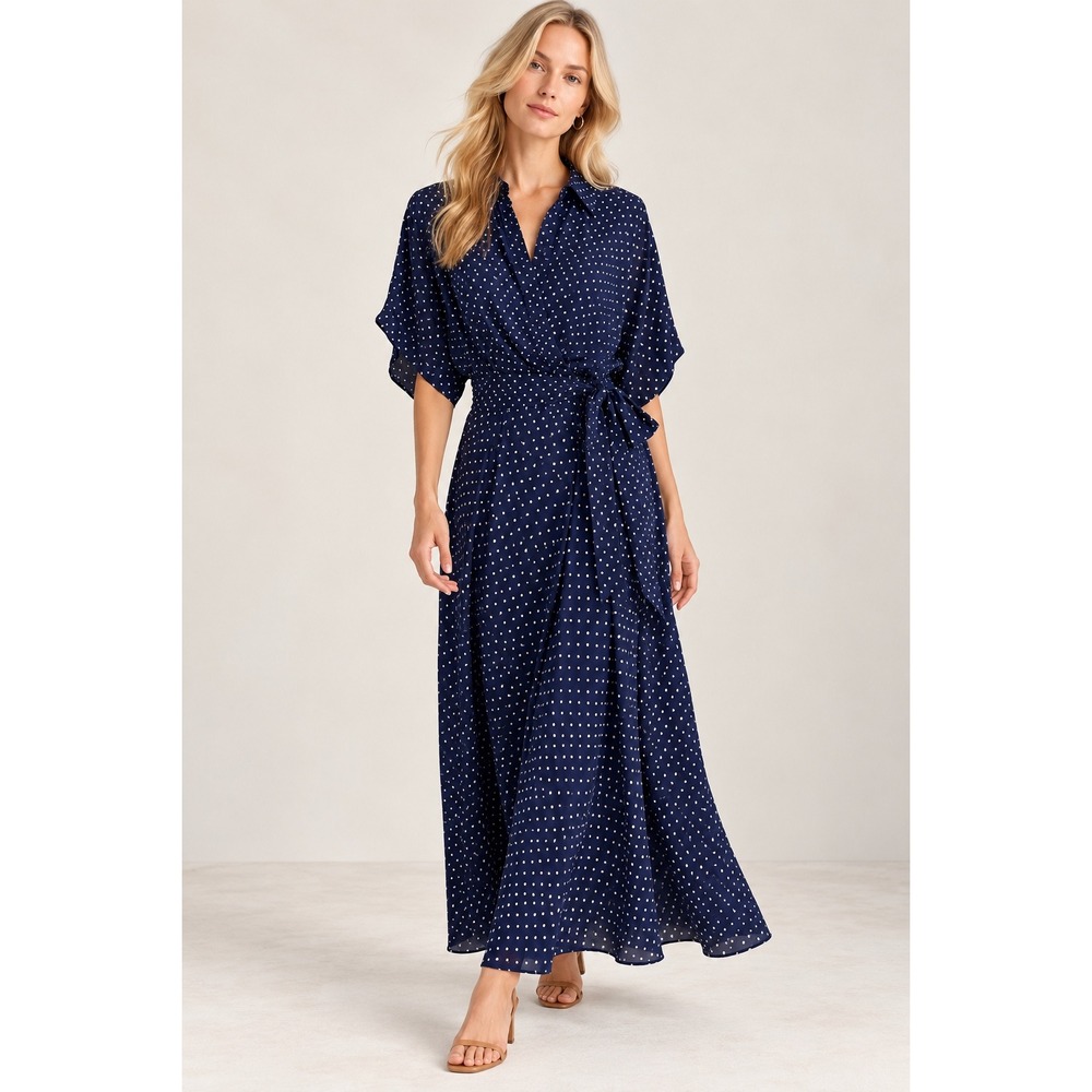Lauren Ralph Lauren Midii Dress Women 18 Navy Blue Excellent Polka Dot Wrap Faux